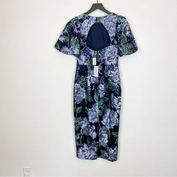 Marchesa Notte Floral Embroidered Puff Sleeve Sequin Midi Dress - Picture 8 of 11